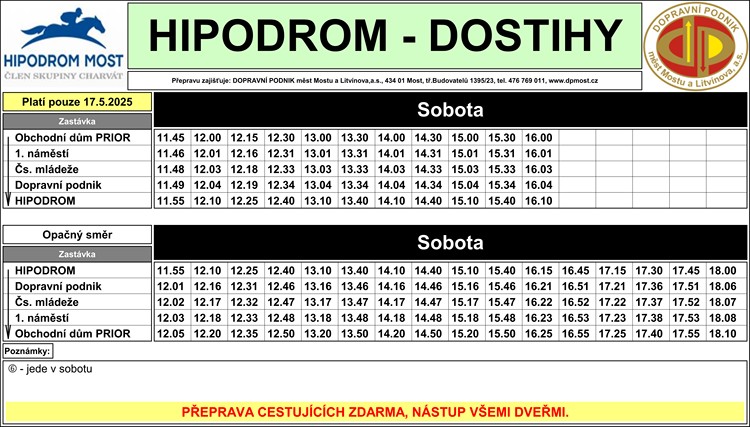Hipodrom 17.5.2025 - jízdní řád
